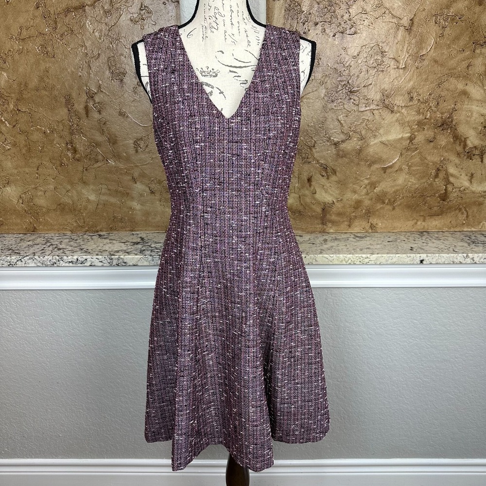 Karl Lagerfeld Dress Women's 6 Fit & Flare Tweed Knit V Neck Sleeveless Zip Back